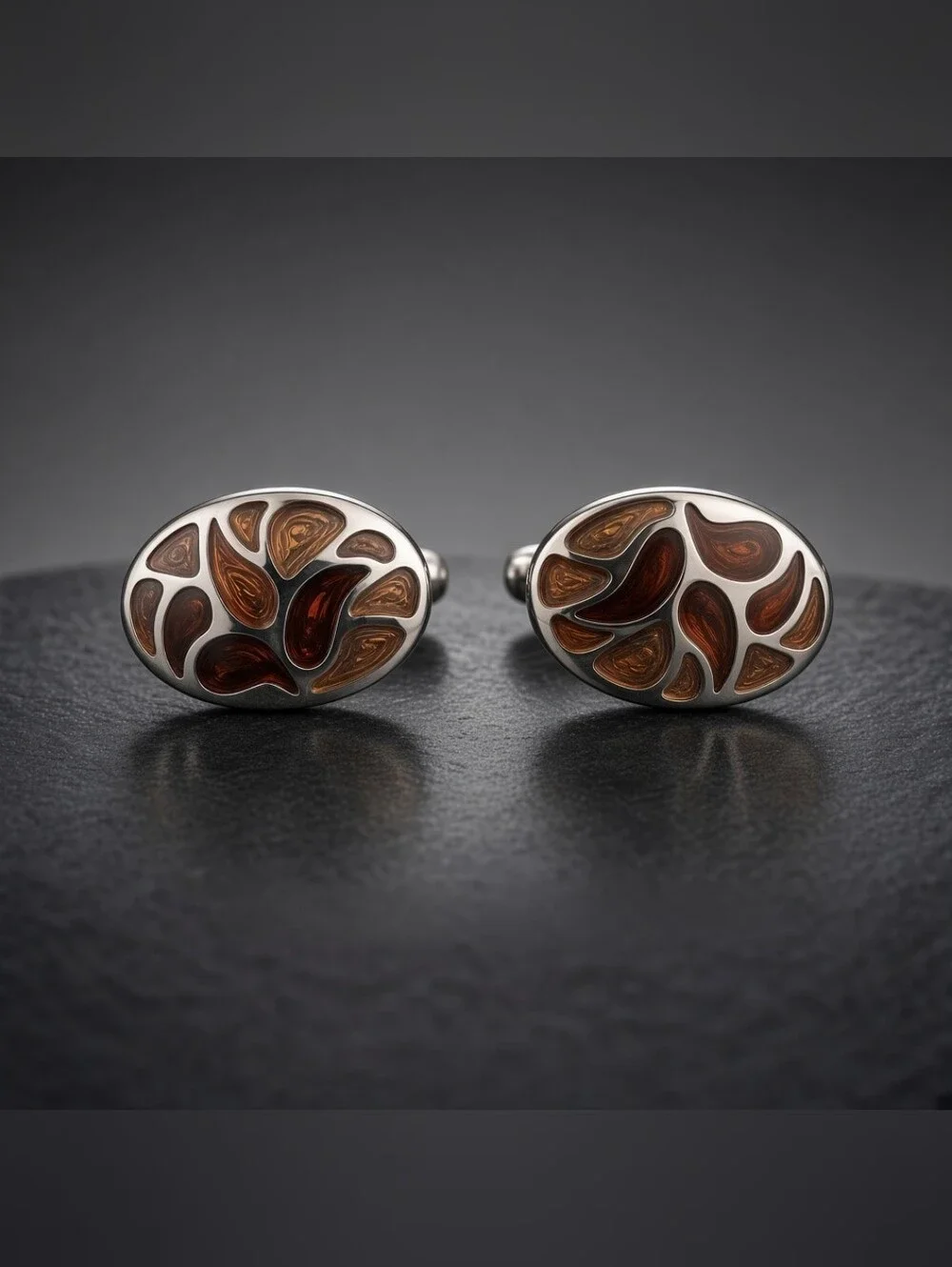 Paulo Solari Brown Swirl Paisley Oval Silver Tone Cufflinks